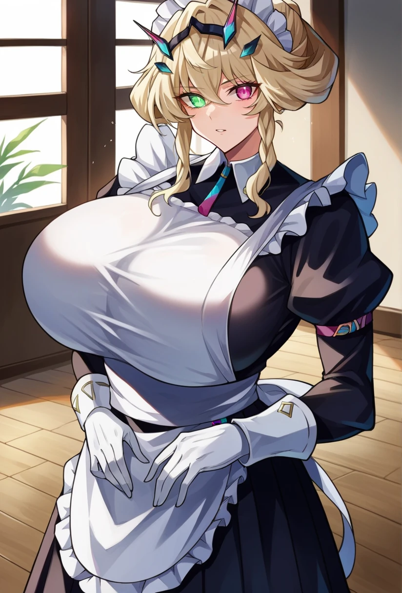 score_9, score_8_up, score_7_up, source_anime BREAK 1girl, solo, looking at viewer, cowboy shot, <lora:Barghest_Sdxl-11:0.9>, Barghest_Maid, platinum blonde hair, twin braids, short hair, sidelocks, hair up, hair bun, heterochromia, glowing eyes, maid headdress, frilled dress, pleated dress, juliet sleeves, maid apron, collar, black skirt, long skirt, white gloves, huge breasts, curvy, indoors, vila, marble floor, glass table, day, window,