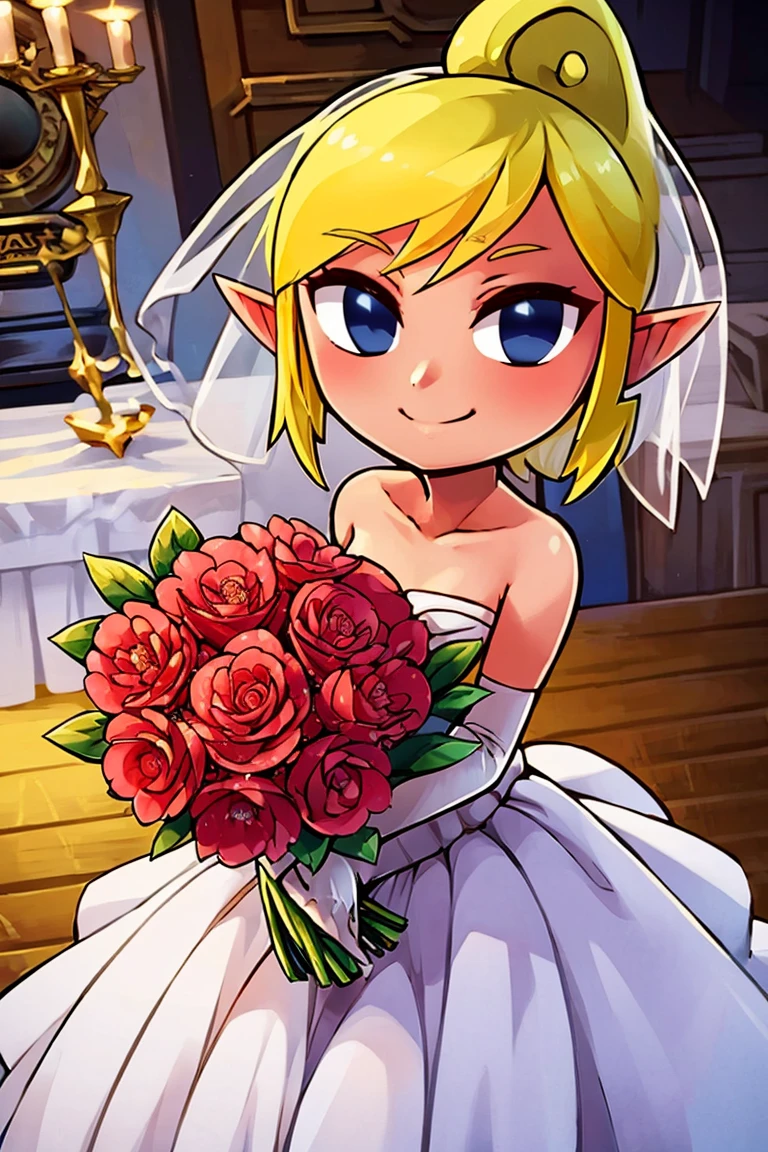 ((masterpiece, best quality)), <lora:Toon_Tetra_Zelda_v1:0.8>, toon tetra, blue eyes, solo, smile, looking at viewer, cowboy shot,, bride, wedding dress, bridal veil, strapless dress, elbow gloves, holding bouquet,