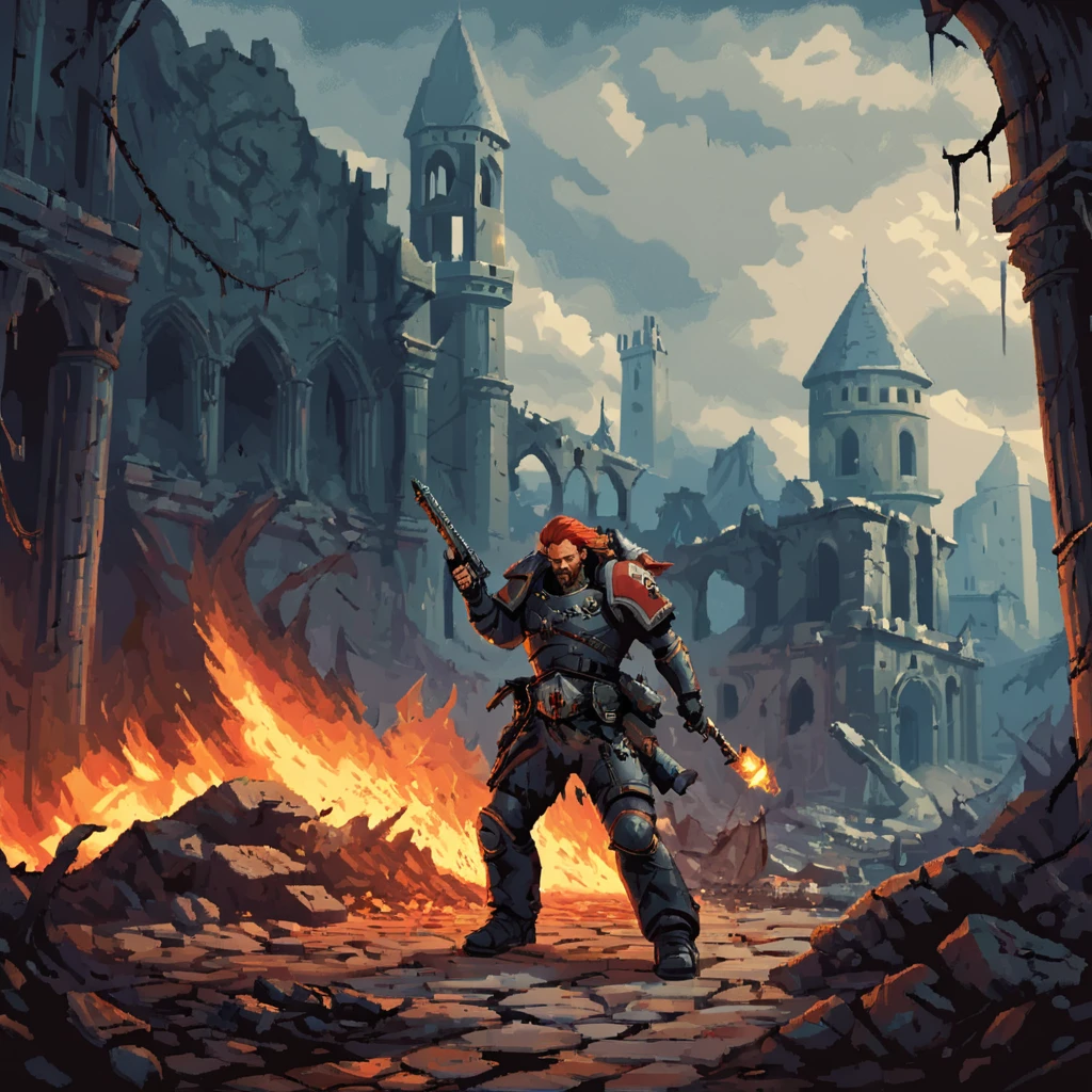a solo spcwlf man swinging a chainsword, with a wolf, red hair, beard, braids, dramatic action pose, battlefield, city, ruins, cathedral, explosions, fire
