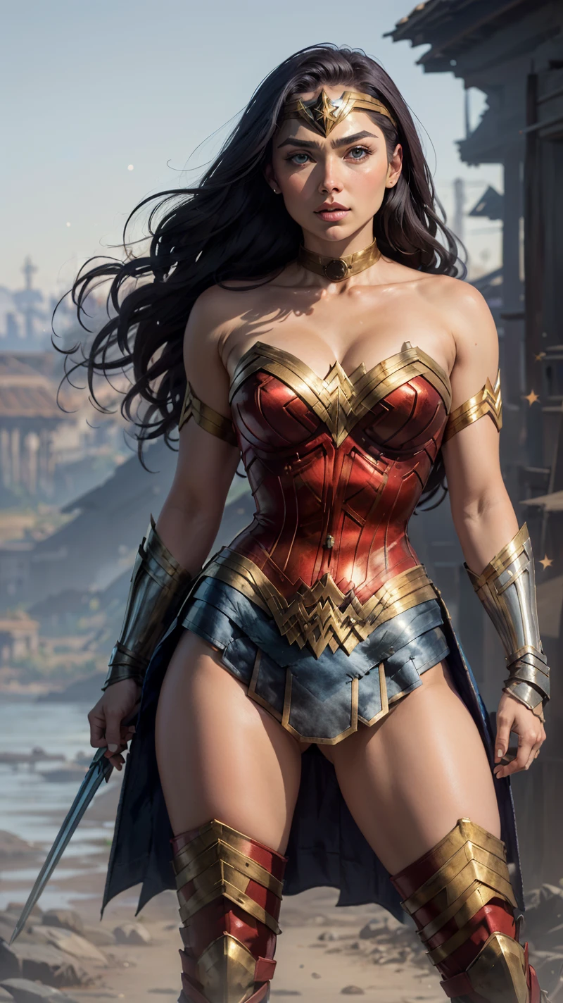 wearing wonder_woman_cosplay_outfit, in front of a sky, 
good hand, 4k, high-res, masterpiece, best quality, head: 1.3, ((Hasselblad photography)), finely detailed skin, sharp focus, (cinematic lighting), night, soft lighting, dynamic angle, [:(detailed face: 1.2): 0.2], medium breasts, out, (cameltoe:1.4)