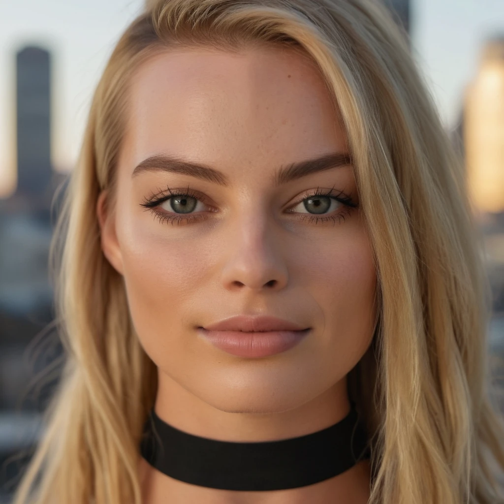 (Skin Texture, pores, natural,iPhone,RAW)), natural lighting,Highest Quality (Closeup) portrait photo of a woman  with long straight blonde hair,black thin choker, Nikon Z9, realistic matte skin,  blurry city in the background, 8K, symmetric,     <lora:marobbie_xl_1_standard_merge_36_61_09_03_06_01:1>