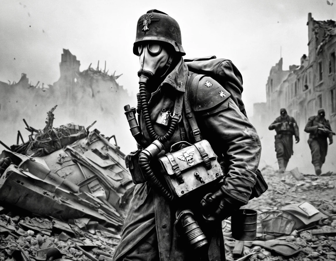 Highest Quality, black and white photo of a Death Korps of Krieg Medic, gasmask, medic satchel, battlefield, debris, war-torn city, lasgun, warhammer 40k, grainy, grimdark, highly detailed,
 <lora:Death-Korps-000007:1>