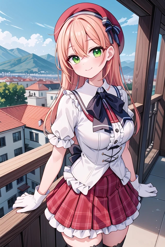 insanely detailed, absurdres, ultra-highres, ultra-detailed, best quality,
1girl, solo, nice hands, perfect hands
BREAK
(nsfw:-1.5),
(gothic drress, Idol costume:1.3), (red and white theme:1.2), (white blouse:1.4), (white collar, tie:1.3), (open short-cape:1.3), (short sleeve:1.2), (red tartan-check pattern (ruffle-skirt, multilayer-skirt):1.4), (white basque-beret with ribbon:1.3), (Fishnet stockings:1.3), (glove:1.2), (cleavage:-1.5)
BREAK
happy smile, laugh, closed mouth,
from below,
cute pose, cowboy shot, looking at viewer
BREAK
slender, kawaii, perfect symmetrical face, ultra cute girl, ultra cute face, ultra detailed eyes, ultra detailed hair, ultra cute, ultra beautiful
BREAK
on hilltop, mountainscape, mountain,
depth of field, ultra detailed background,
(very wide, panorama view, sense of depth, magnificent view:1.3)
BREAK
medium large breasts
BREAK
(orange hair, green eyes), long hair, hair between eyes