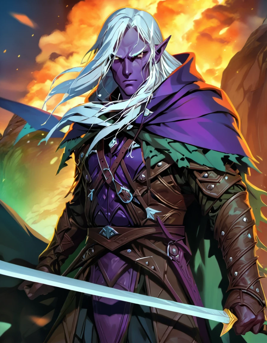 (anime stile drawing of drizzt_dnd), watching viewer, action shot, very vivid lighting, detailed, (vibrant, photo realistic, realistic, dramatic, sharp focus)