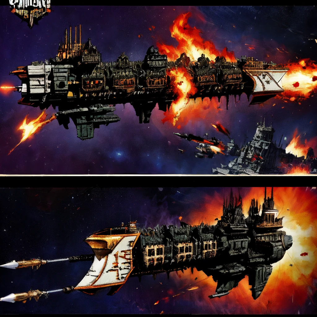 impstarship, battleship, in_space, yellow, in_orbit, battle, exposions, fire, motion_blur, pulp_comic, heavy_lines, hand_drawn, hand_inked, hand_colored,