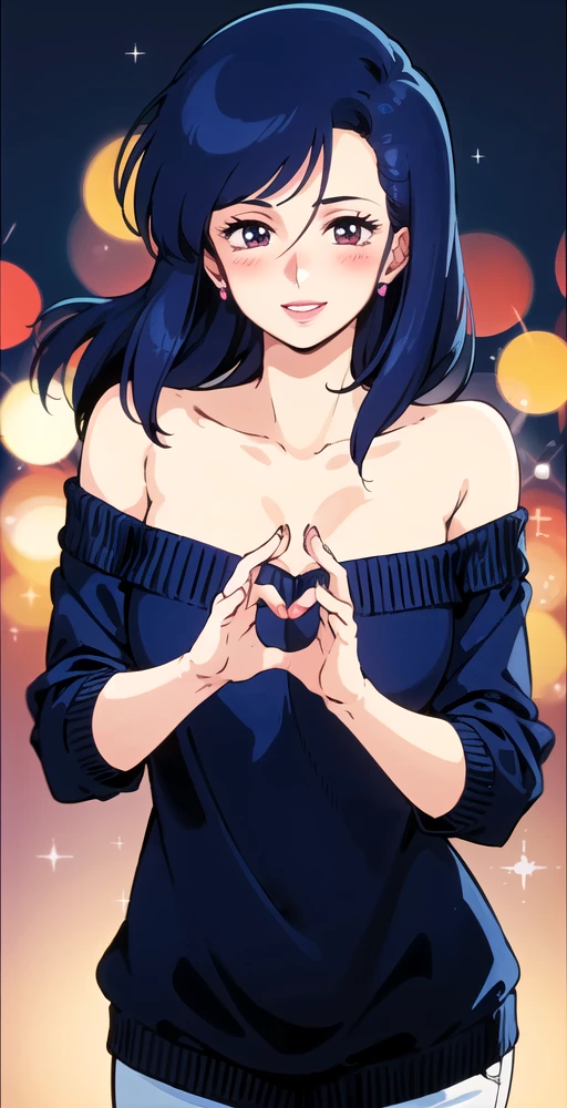 SNV2, 1girl, solo, portrait, lipstick, looking at viewer, short blue hair, in love, blush, big smile teeth, bending toward viewer, reaching toward viewer, heart shape hands, off shoulder sweater, (heart sparkle background), (sparkle foreground), (bokeh shiny), retro art style, 1990s (style), perfect quality, good quality, masterpiece, HDR, UHD <lora:Saeko Nogami V2:0.7>
