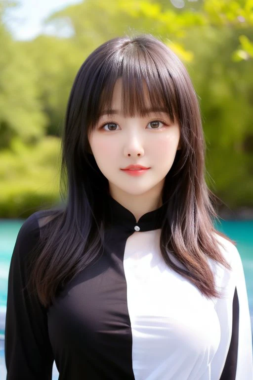 <lora:@huang_arty_v1:1>, beautiful girl, long hair, blunt bangs, lips, [[ideal medium breasts]], (black shirt, long sleeves), standing, (close-up photo shoot),
outdoors, nature, crystal water, day, [sunlight, clear weather], (real lighting, best quality, high quality, highres),