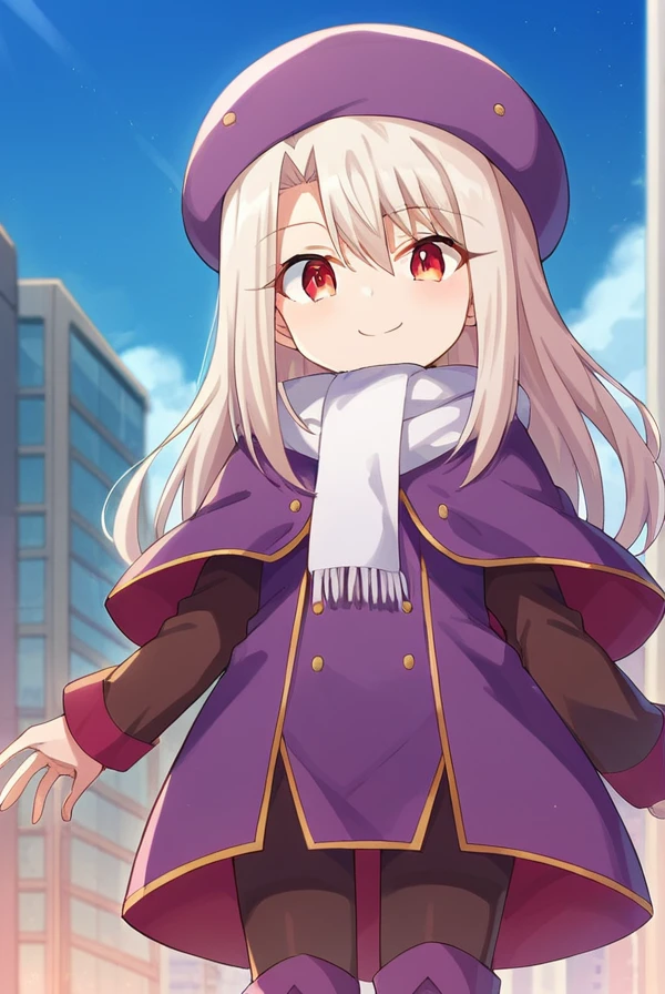 score_9, score_8_up, source_anime, 1girl, illyasvielvoneinzbern, illyasviel von einzbern, long hair, red eyes, white hair, hat, boots, scarf, coat, capelet, white scarf, purple headwear, fur hat, papakha, looking at viewer, smile, cityscape, blue sky <lora:illyasviel_von_einzbern-sdxl-nochekaiser-000008:1>