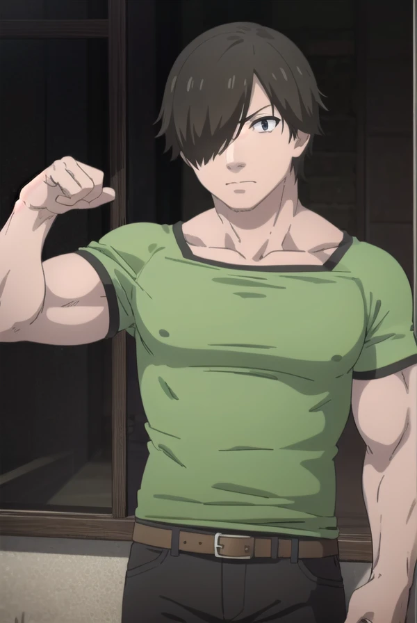 shibatagenzou, <lora:shibata genzou s1-lora-nochekaiser:1>,
shibata genzou, short hair, black hair, male focus, (hair over one eye:1.5), muscular, (black eyes:1.5),
BREAK shirt, pants, green shirt,
BREAK outdoors, forest,
BREAK looking at viewer, (cowboy shot:1.5), dynamic pose,
BREAK <lyco:GoodHands-beta2:1>, (masterpiece:1.2), best quality, high resolution, unity 8k wallpaper, (illustration:0.8), (beautiful detailed eyes:1.6), extremely detailed face, perfect lighting, extremely detailed CG, (perfect hands, perfect anatomy),