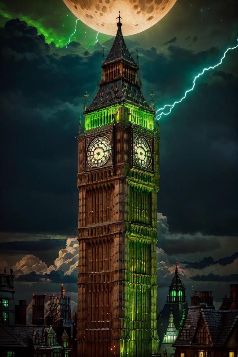 ((masterpiece,best quality)), anime style,  <lora:Big_Ben:0.8>,  Big Ben, city, cityscape,   <lora:Necron_Architecture:0.5>, Necron_Architecture, (city, buildings with windows :1.2), electricity, green glow, green theme, green moon, starry sky, space,, <lora:more_details:0.5>