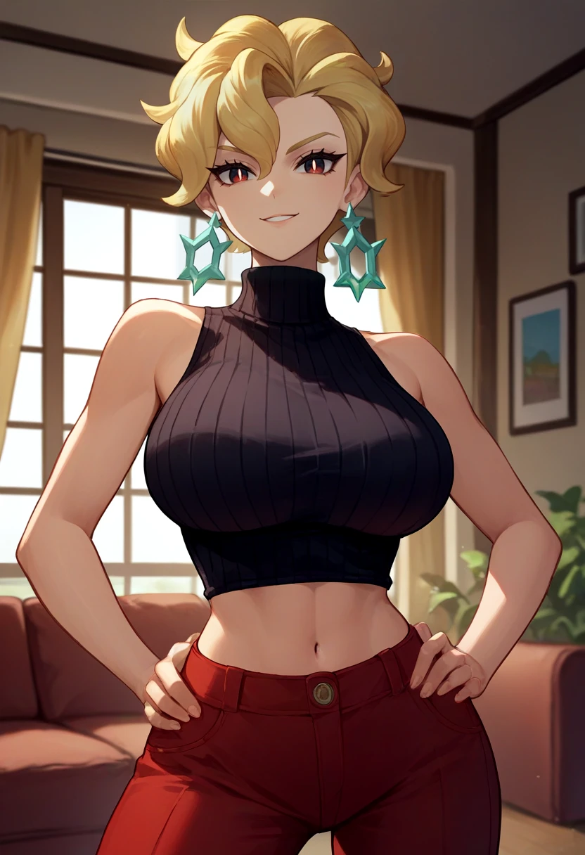 score_9, score_8_up, score_7_up, source_anime, solo, 1girl, pokemonbriar, slight smile, looking at viewer, hand on hip, blonde hair, black sweater, turtleneck, sleeveless, red pants, earrings, midriff, large breasts, indoors, living room <lora:pokemon_briar_ponyXL:1>