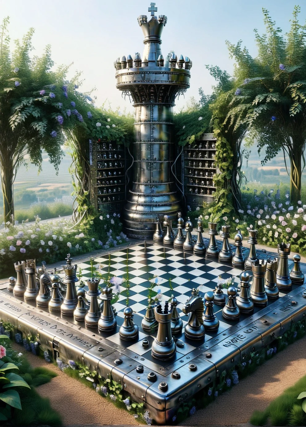 ais-wldd a giant chessboard overgrown with vines and flowers <lora:ais-wldd-sdxl:1>