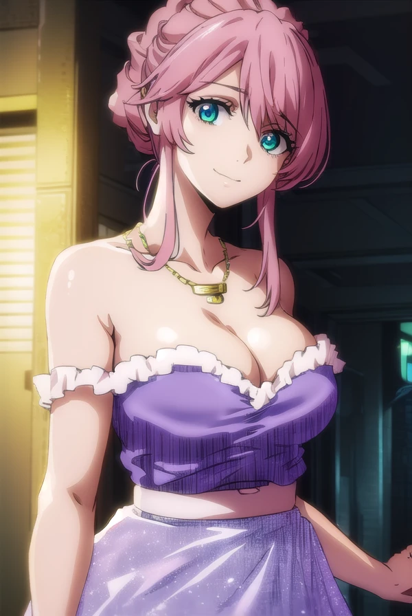 hepatocyte, <lora:hepatocyte s1-lora-nochekaiser:1>,
hepatocyte, long hair, (green eyes:1.3), pink hair, sidelocks, hair up, smile,
BREAK dress, cleavage, bare shoulders, jewelry, necklace, purple dress, strapless, strapless dress, collarbone,
BREAK indoors,
BREAK looking at viewer, (cowboy shot:1.5), dynamic pose,
BREAK <lyco:GoodHands-beta2:1>, (masterpiece:1.2), best quality, high resolution, unity 8k wallpaper, (illustration:0.8), (beautiful detailed eyes:1.6), extremely detailed face, perfect lighting, extremely detailed CG, (perfect hands, perfect anatomy),