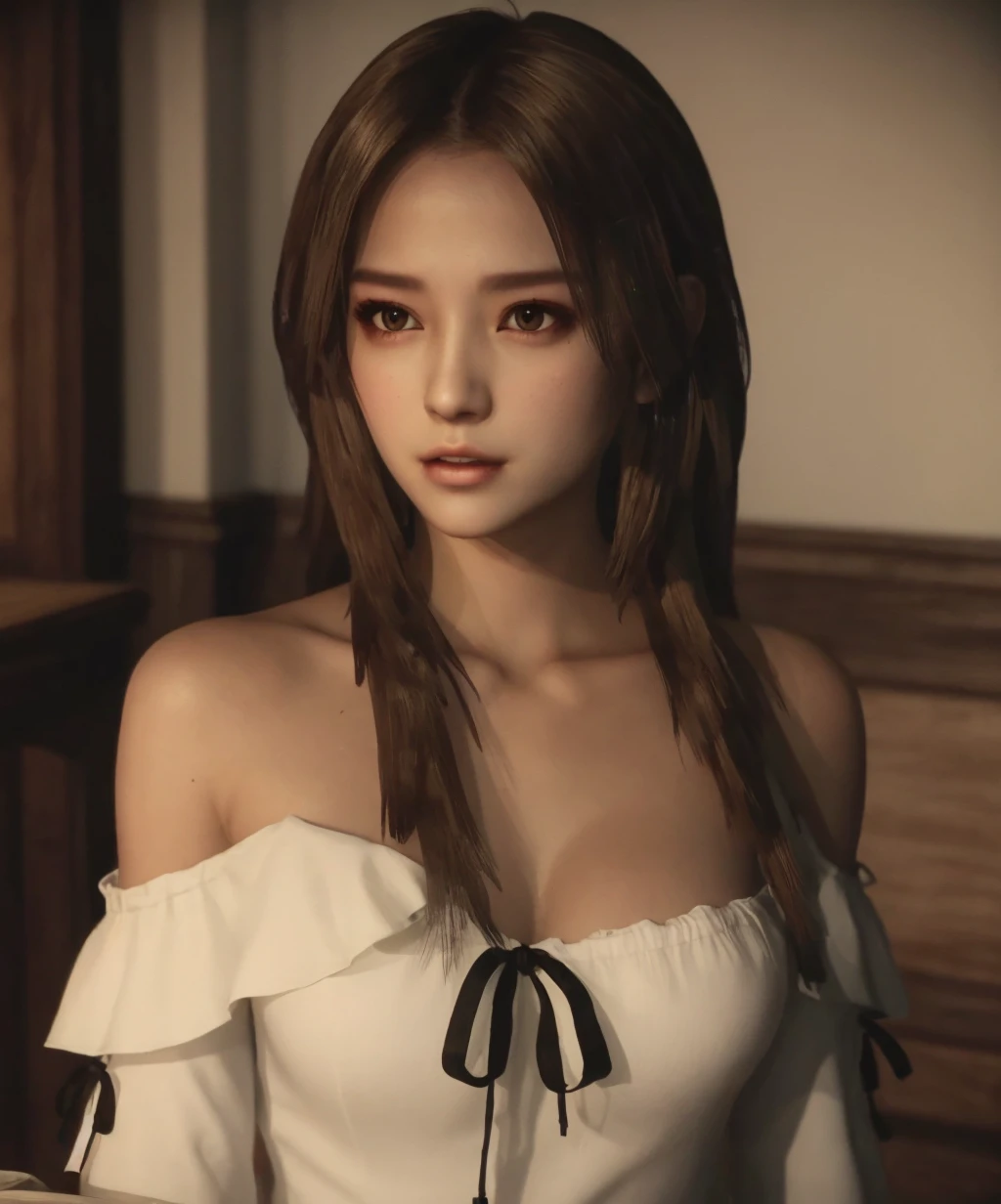 80s_horror_game,1girl,solo,long hair,brown hair,bare shoulders,brown eyes,upper body,off shoulder,lips,<lora:80s_horror_game-07:1>,