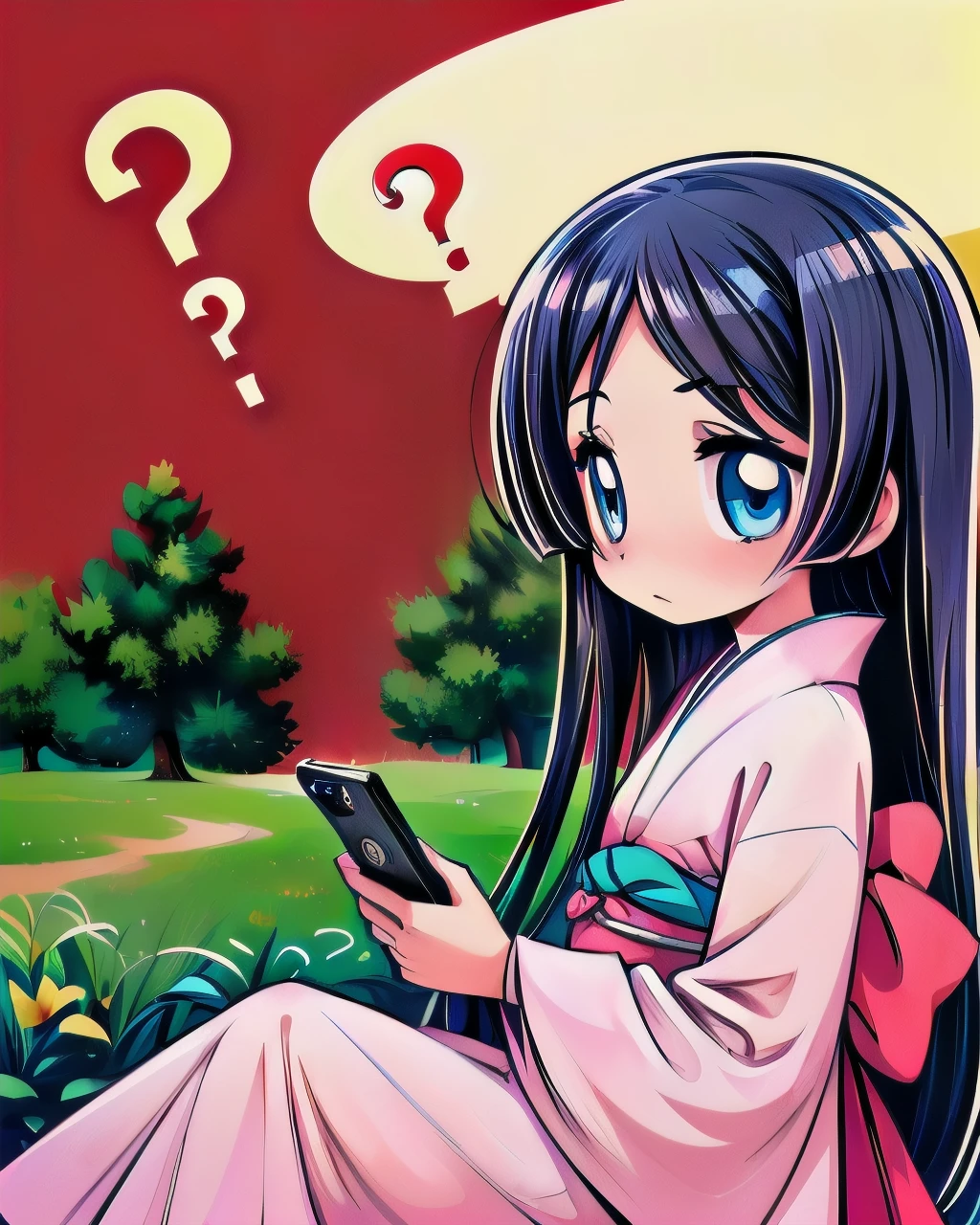 (best quality, masterpiece, perfect eyes, highly detailed, ultra high res:1.2),
<lora:SaginomiyaIsumi:0.8>, 1girl, solo, (SaginomiyaIsumi:1.1),kimono,ojou-sama, (colored image),holding iphone, (looking at phone,looking to side,very confused by modern technology,question mark,cute,funny,anxious:1.6),outdoors,sitting,from side,
<lora:add_detail:0.6>