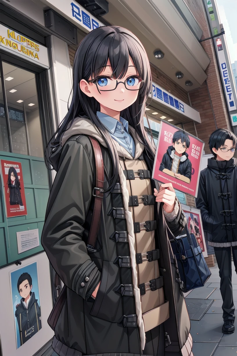 best quality, ultra high res,
1girl, solo, glasses, black hair, long hair, duffle coat, black bag, smile, looking at viewer, solo focus,
kinokuniya, storefront, real world location, blurry, depth of field, scenery, 6+boys, shop, sign, multiple boys, poster (object), outdoors
<lora:kinokuniya_shinjuku_SD15_V2:0.8>