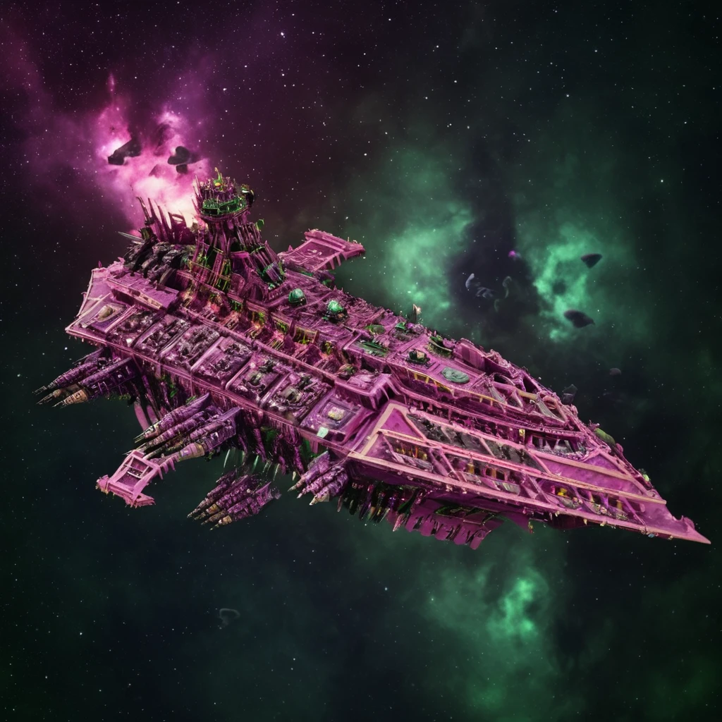 a pink twisted demonic chaoswarfleet battleship in space, motion blur, explosions, maelstrom, nebula, asteroids, green lighting, eerie glow, horror theme, warped,