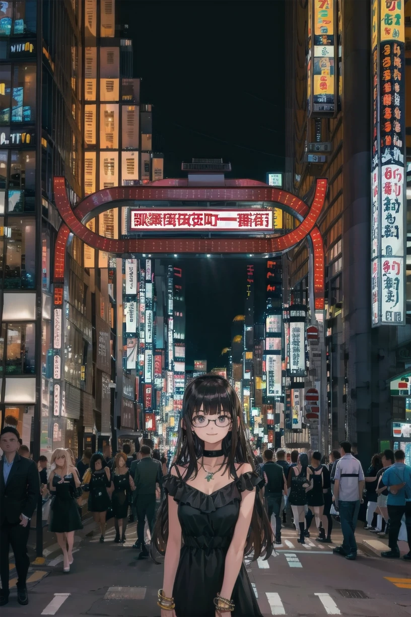 best quality, ultra high res,
1girl, solo, glasses, jewelry, long hair, necklace, smile, black hair, black dress, dress, bracelet, choker, solo focus, upper body, looking at viewer, 
kabukicho1, road, scenery, city, street, crosswalk, sign, outdoors, 6+boys, building, multiple boys, sky, lamppost, night, cityscape, vanishing point, chinese text, pavement, crowd, cityscape, city lights, skyscraper,
<lora:kabukicho1_SD15_V2:1>