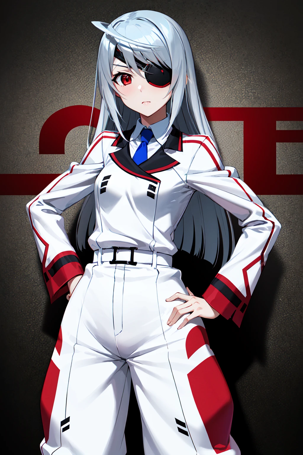 masterpiece, best quality, highres, aalaura, long hair, eyepatch, school uniform, necktie, collared shirt, white jacket, belt, white pants,, <lora:laura_bodewig_v1:0.7>, hands on hip, standing, cowboy shot
