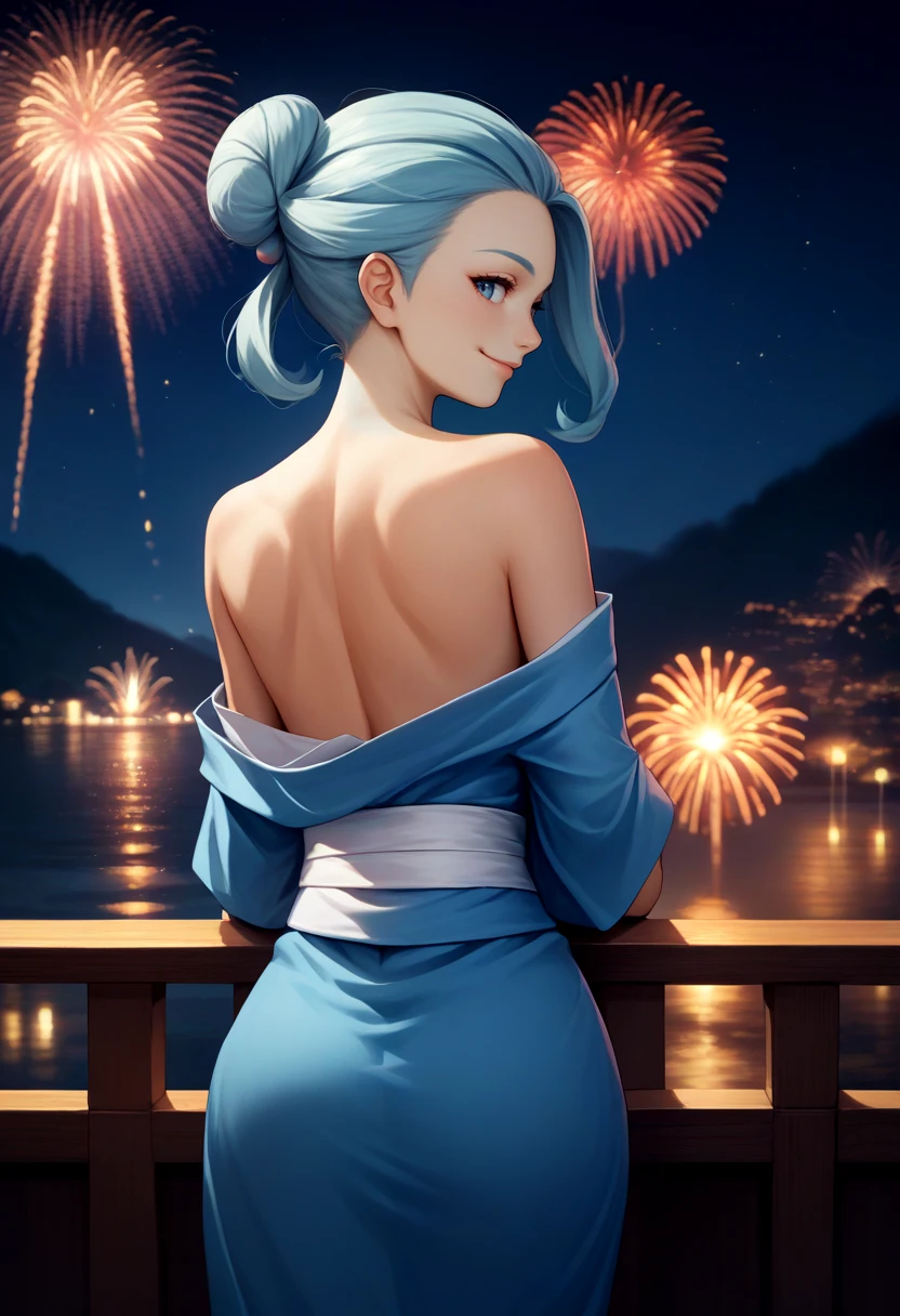 score_9, score_8_up, score_7_up, source_anime, from behind, solo, 1girl, pokemonkahili, slight smile, looking back, blue kimono, off shoulder, white sash, bare shoulders, fireworks <lora:pokemon_kahili_ponyXL:1>
