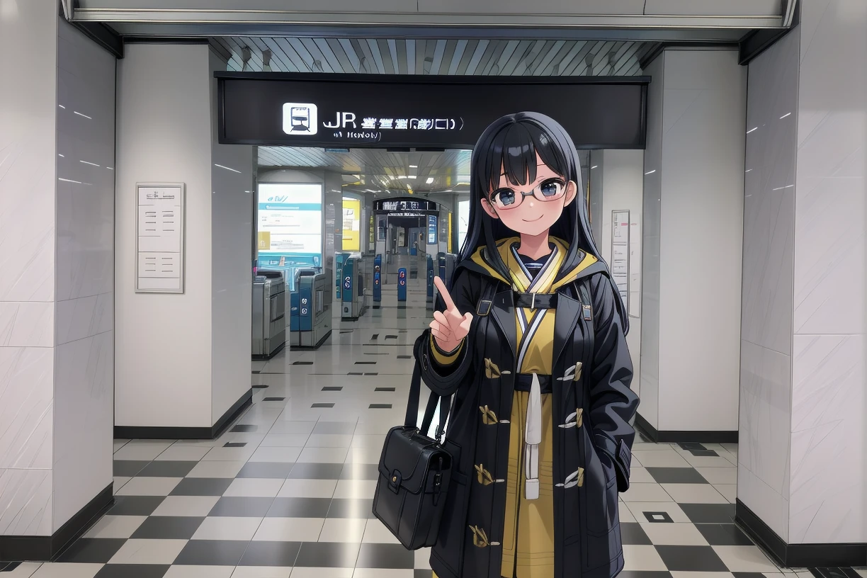 best quality, ultra high res,
1girl, solo, glasses, black hair, long hair, duffle coat, black bag, smile, looking at viewer, solo focus,
osakaeki, midosujiguchi, scenery, sign, real world location, indoors, tile floor
<lora:midosujiguchi_SD15_V1LierLa:1>