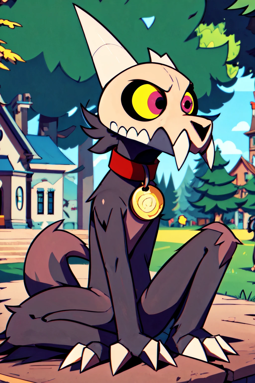 beautiful eyes, high detail skin, high detail eyes, high detail hair, highres, ultra detailed, sharpen picture, Highly detailed, masterpiece, best quality, photorealistic,
<lora:ClawthorneLoRA:0.8>1boy, skull helmet, teeth, pokemon (creature), colored sclera, red collar with circle pet tag, claws, tail, broken horn:1.2, sitting in a park