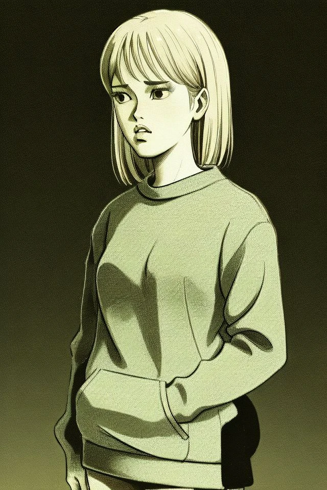 solo, 1girl, looking away, light green sweatshirt, sepia background <lora:Tsunoda_style_v01:1>