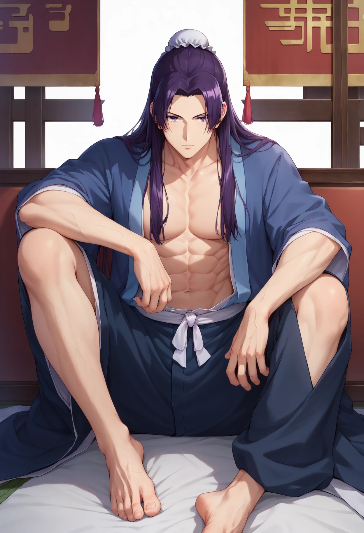 jinshi, 1boy, solo, bun cover, long hair, purple hair, purple eyes, parted bangs, chinese clothes, open clothes, collarbone, pectorals, abs, male focus, full body, sitting, feet, barefoot, BREAK
<lora:maomao_and_jinshi_ponyxl_v4:1>, score_9, score_8_up, score_7_up, score_6_up, anime