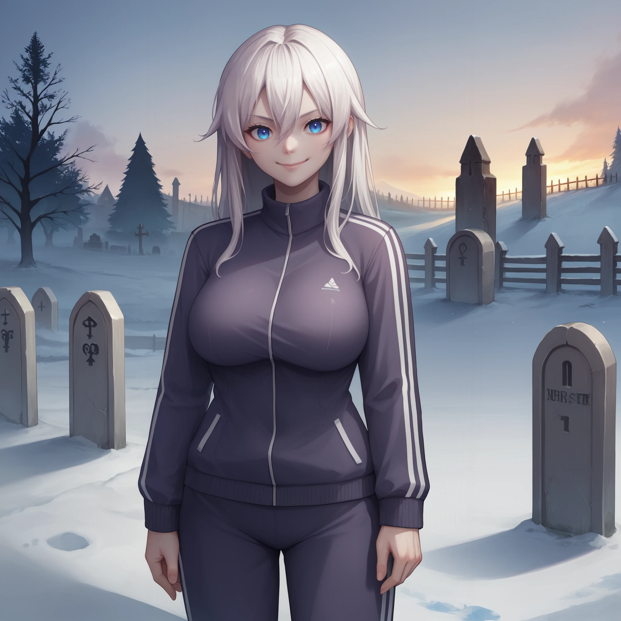 score_9, score_8_up, score_7_up, source_anime,
gosia faux, white hair, pale skin, large breasts, evil smile, closed mouth, black track pants, white track jacket,  blue eyes, 
cowboy shot, standing, winter, graveyard, <lora:gosia-faux-pdxl-ot-005:0.6>