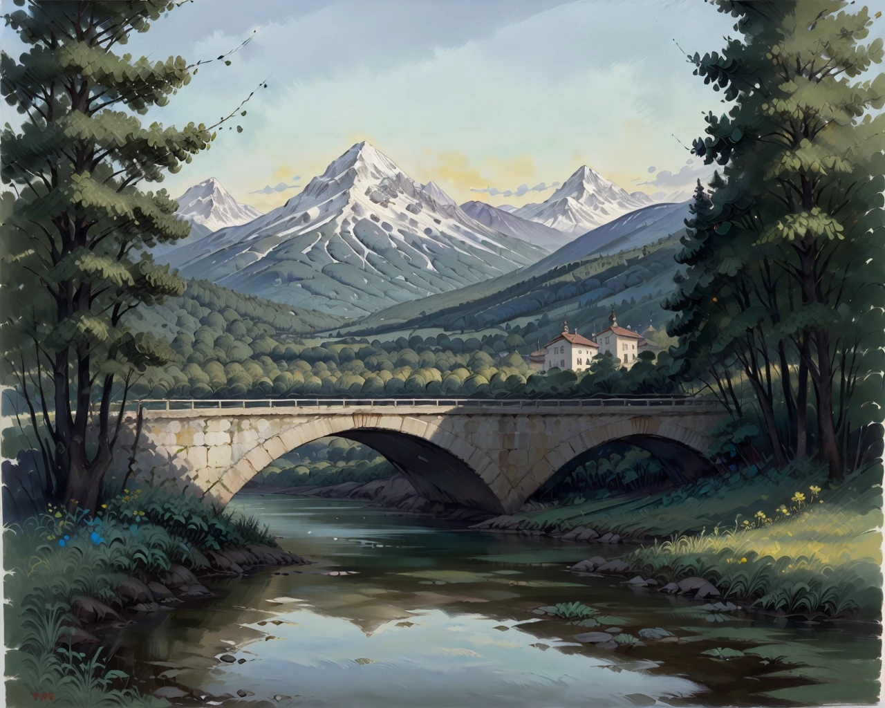 best quality,masterpiece,highly detailed,ultra-detailed,
blue sky, braid, bush, day, dress, gouache, hair flower, jewelry, mountain, no humans, outdoors, painting \(medium\), pants, scenery, signature, sky, standing, street, traditional media, water
<lora:neg4all_bdsqlsz_V3.5:-1>
<lora:gouache:1>by gouache \(medium\),