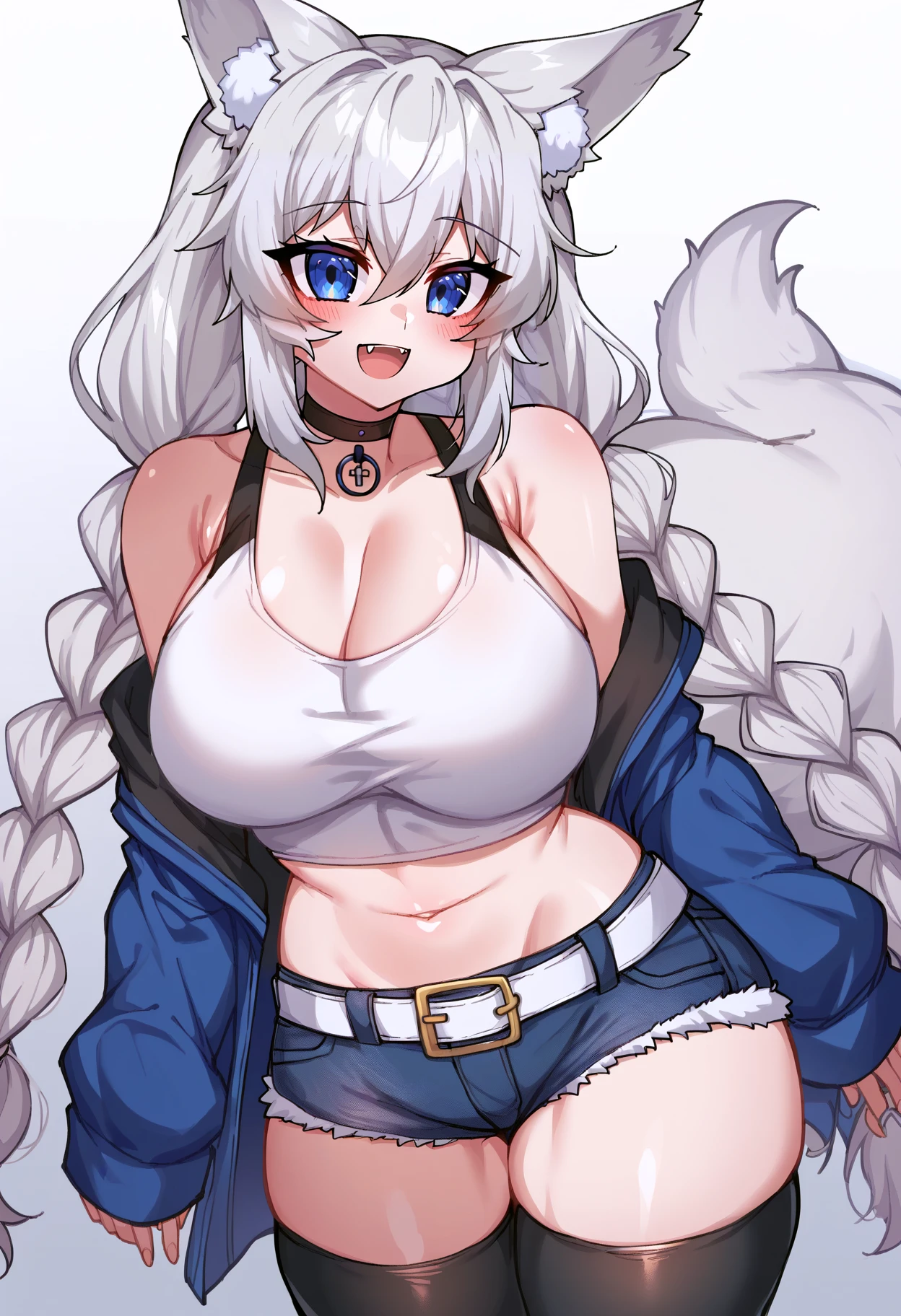 score_9, score_8_up, score_7_up, score_6_up, score_5_up, score_4_up, simple background, gradient background, white background,
BREAK
source_anime,
BREAK
1girl, bare shoulders, blush, braid, choker, curvy, fangs, huge breasts, navel, open mouth, blue eyes, white hair, short shorts, smile, tail, thick thighs, twintails, very long hair, wide hips, looking at viewer, shirt, belt, black thighhighs, animal ear fluff, fox girl, white belt, cleavage, white fox ears, white fox tail, tank top,
<lora:Osiimi-v1-PDXL:1>