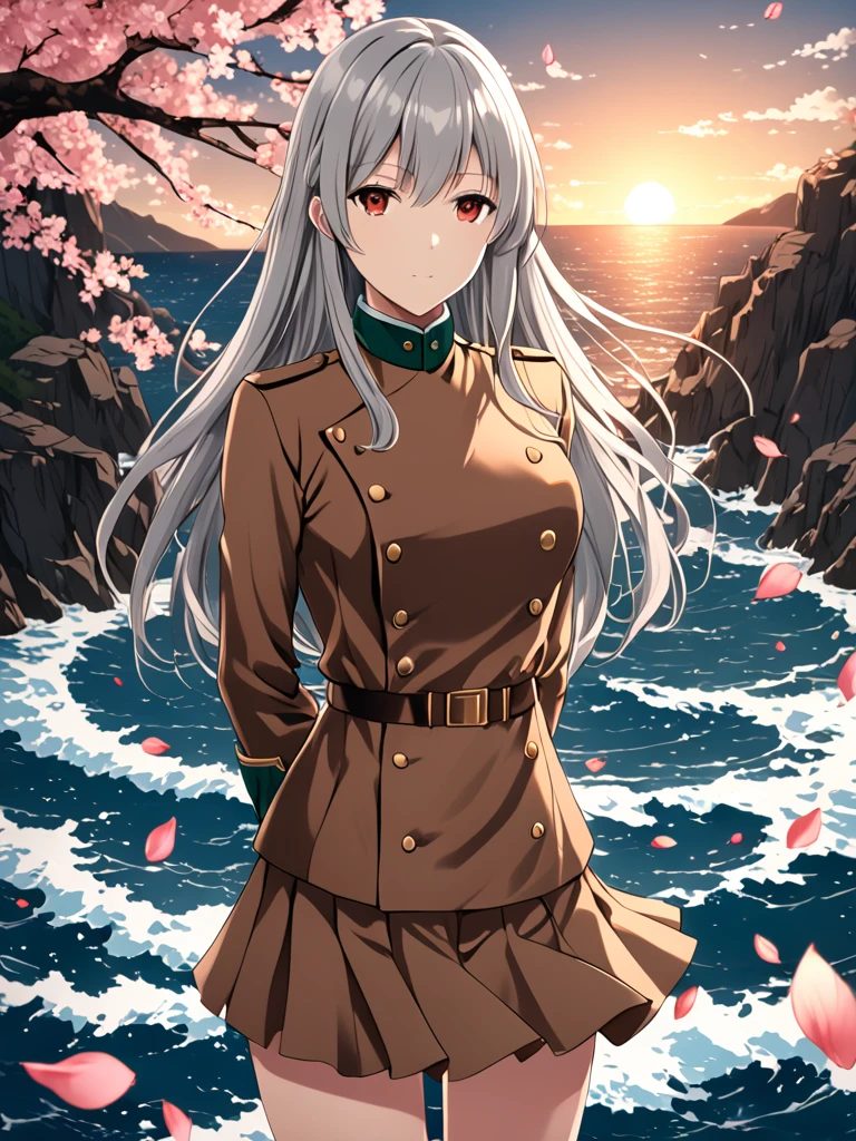 1girl , masterpiece, best quality, highres, 4k, 8k, intricate detail, cinematic lighting, amazing quality,sea,amazing shading, soft lighting, Detailed Illustration, anime style, wallpaper, silver hair, (brown tatenokai567:1.3),short skirt,red eyes,long hair, sakura petals, looking at viewer, military,ukiyo-e,(hands behind the back:1.3), <lora:ShieldLoraXL-000009:1>