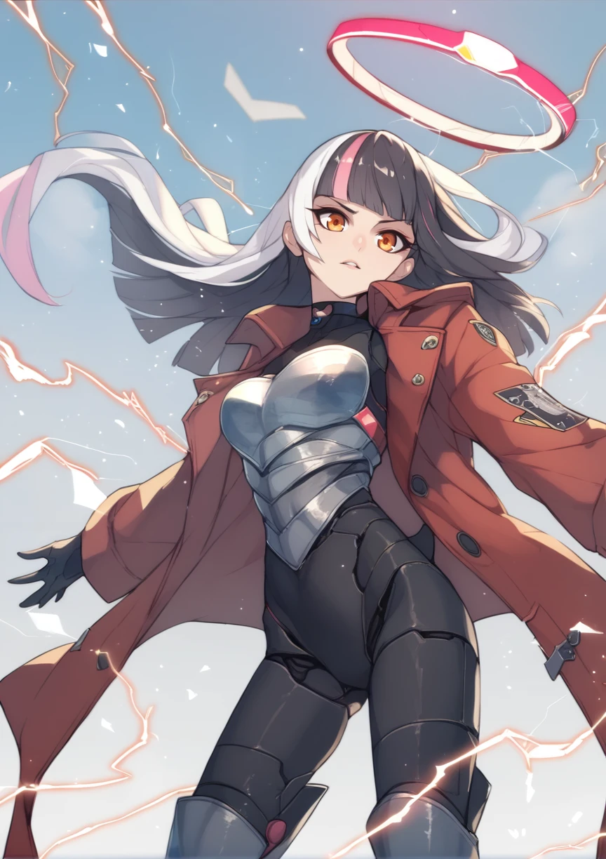 metallic rouge, rouge redstar, 1girl, armor, black choker, black hair, blunt bangs, choker, coat, electricity, halo, long hair, looking at viewer, multicolored hair, orange eyes, red coat, solo, streaked hair, wind <lora:Ban AP:1>, score_9, score_8_up, score_7_up, score_6_up, score_5_up, score_4_up, BREAK source_anime, masterpiece