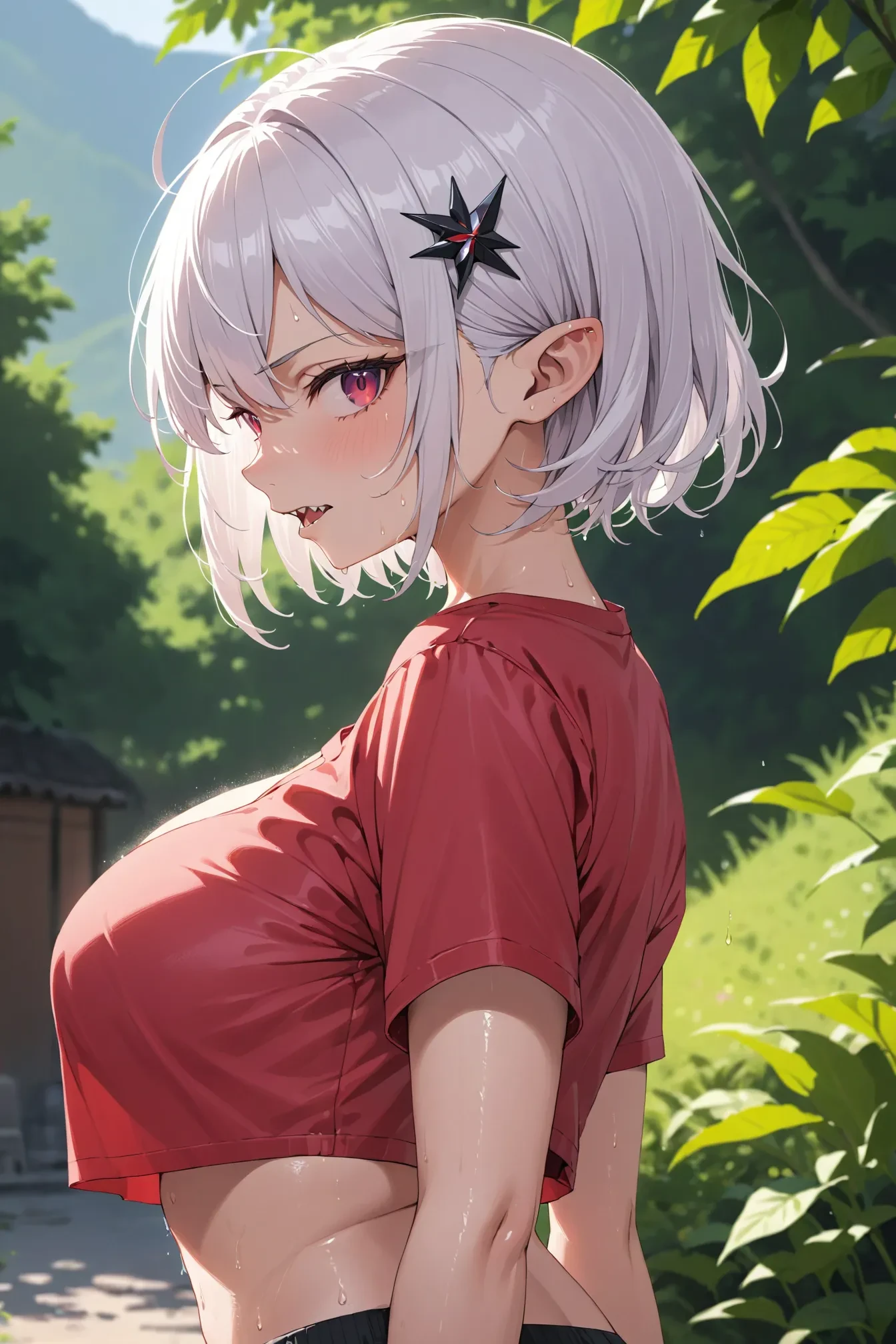 1girl, solo, masterpiece, best quality, outdoors, pose , breasts, cape, crop top, fangs, from side, frown, hair ornament, large breasts, looking at viewer, looking to the side, open clothes, pointy ears, purple eyes, red eyes, red shirt, shirt, short hair, sidelocks, sweat, white hair