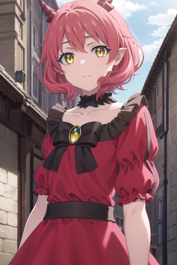 kemonohanako, <lora:kemono hanako s1-lora-nochekaiser:1>,
hanako, short hair, (yellow eyes:1.3), pink hair, horns,
BREAK dress, bow, tail, pantyhose, red dress, red footwear, bloomers, frills, collarbone, gemstone, juliet sleeves, puffy sleeves, choker,
BREAK outdoors, forest,
BREAK looking at viewer, (cowboy shot:1.5), dynamic pose,
BREAK <lyco:GoodHands-beta2:1>, (masterpiece:1.2), best quality, high resolution, unity 8k wallpaper, (illustration:0.8), (beautiful detailed eyes:1.6), extremely detailed face, perfect lighting, extremely detailed CG, (perfect hands, perfect anatomy),