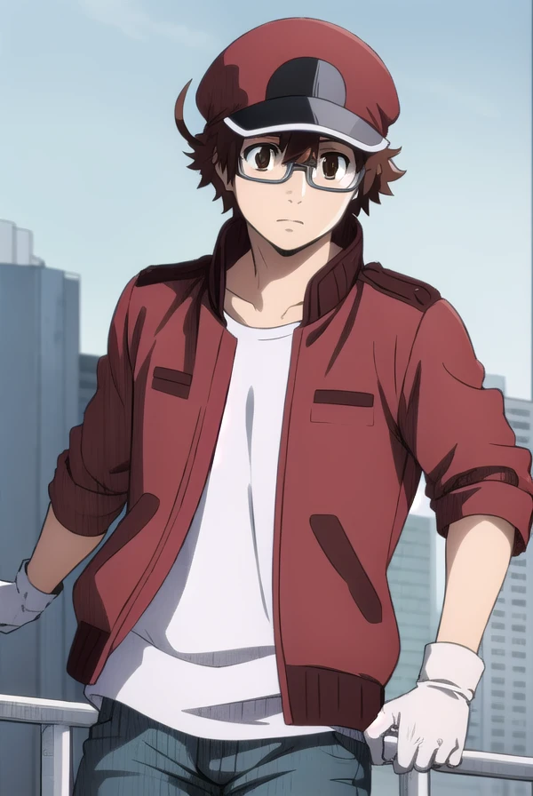 redbloodcellAA2153, <lora:red blood cell AA2153 s1-lora-nochekaiser:1>,
red blood cell AA2153, brown hair, (brown eyes:1.5), male focus, glasses, ahoge,
BREAK shirt, gloves, hat, jacket, pants, white gloves, red headwear, red jacket,
BREAK outdoors,
BREAK looking at viewer, (cowboy shot:1.5), dynamic pose,
BREAK <lyco:GoodHands-beta2:1>, (masterpiece:1.2), best quality, high resolution, unity 8k wallpaper, (illustration:0.8), (beautiful detailed eyes:1.6), extremely detailed face, perfect lighting, extremely detailed CG, (perfect hands, perfect anatomy),