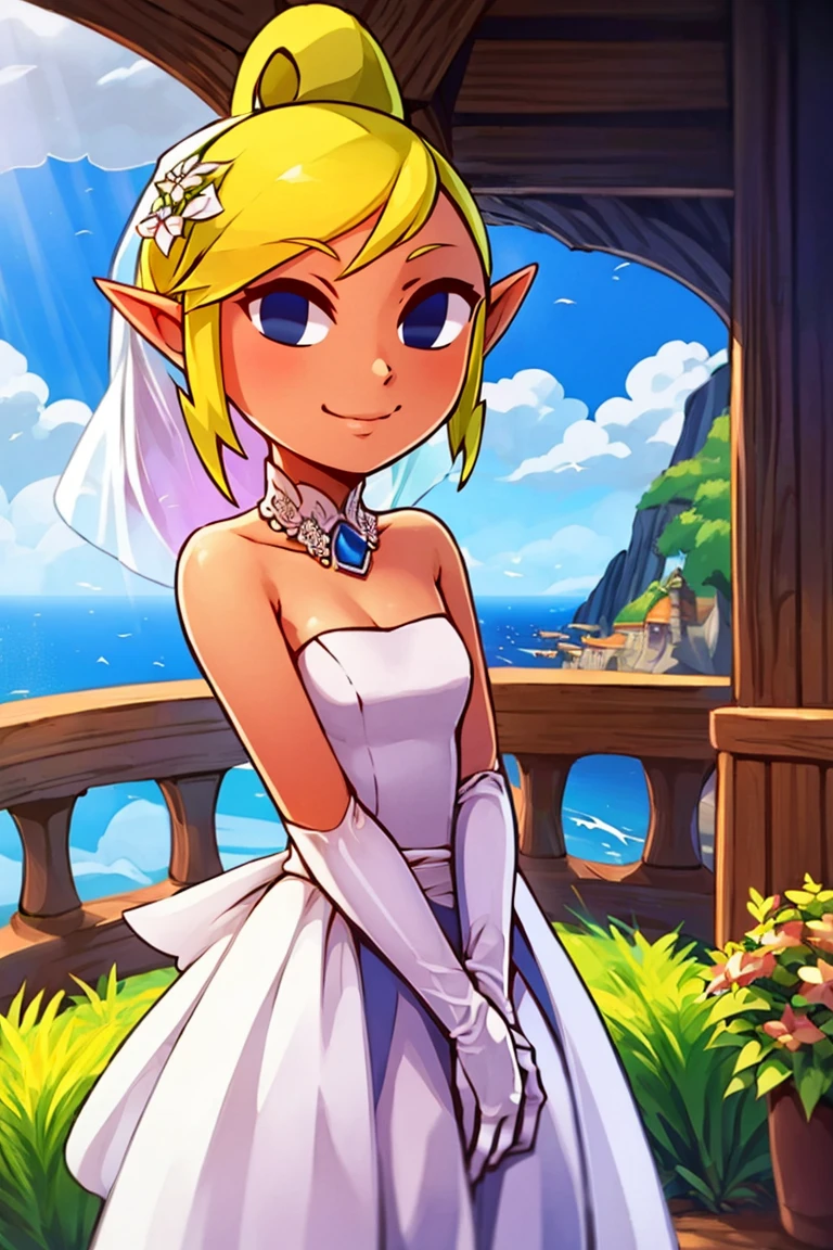 ((masterpiece, best quality)), <lora:Toon_Tetra_Zelda_v1:0.8>, toon tetra, blue eyes, solo, smile, looking at viewer, cowboy shot,, bride, wedding dress, bridal veil, strapless dress, elbow gloves,
