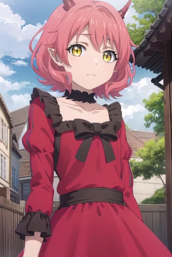 kemonohanako, <lora:kemono hanako s1-lora-nochekaiser:1>,
hanako, short hair, (yellow eyes:1.3), pink hair, horns,
BREAK dress, bow, tail, pantyhose, red dress, red footwear, bloomers, frills, collarbone, gemstone, juliet sleeves, puffy sleeves, choker,
BREAK outdoors, forest,
BREAK looking at viewer, (cowboy shot:1.5), dynamic pose,
BREAK <lyco:GoodHands-beta2:1>, (masterpiece:1.2), best quality, high resolution, unity 8k wallpaper, (illustration:0.8), (beautiful detailed eyes:1.6), extremely detailed face, perfect lighting, extremely detailed CG, (perfect hands, perfect anatomy),