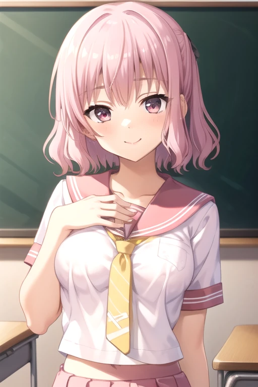 ((masterpiece)),(best quality),official art,extremely detailed CG,unity 8k wallpaper,ultra detailed,beautiful detailed eyes,extremely detailed face,classroom,1girl,solo,upper body,(portrait:1.5),looking at viewer,facing viewer,smile,
Tokiwa Mahiro,short hair,pink hair,hair ribbon,bangs,pink eyes,pink serafuku,pink sailor collar,yellow necktie,short sleeves,medium breasts,miniskirt,pink skirt,pleated skirt,black socks,loafers,<lora:Tokiwa Mahiro(trlu):0.7>,