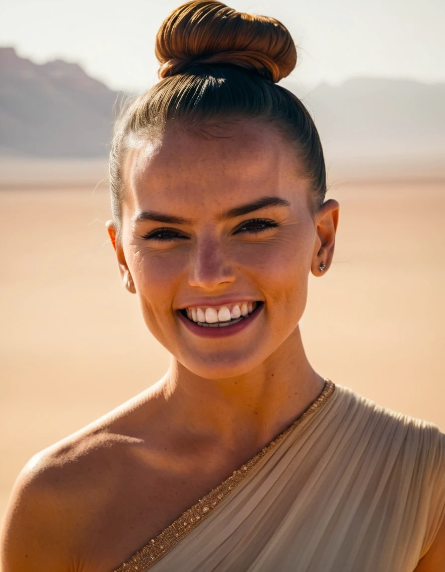 stunning award winning photo of daisyrdl woman,hair bun,elegant dress,close-up,smile,desert planet,film grain,volumetric fog,anamorphic,distorted lens,chromatic aberration,volumetric lighting,cinematic,epic composition