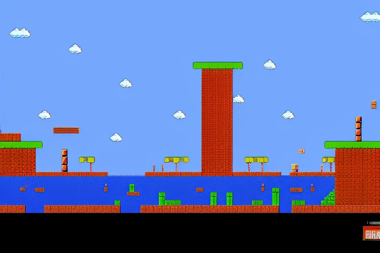<lora:MarioWorlds-10:1> super_mario_map, blue background, clouds, game map, game levels, pixel art, city, tower