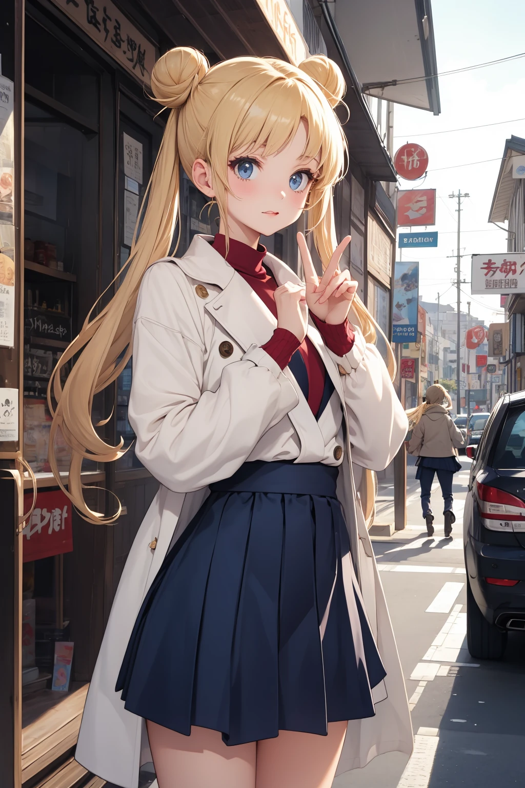 masterpiece, best quality, 1girl, solo, looking at viewer, <lora:EPsmSailorMoon-06:0.7>, EPsmSailorMoon, blonde hair, blue eyes, long hair, very long hair, twintails, hair bun, double bun
BREAK
cowboy shot, town, japanese architecture, evening, index finger raised, coat, layered skirt, monk strap, wavy mouth
