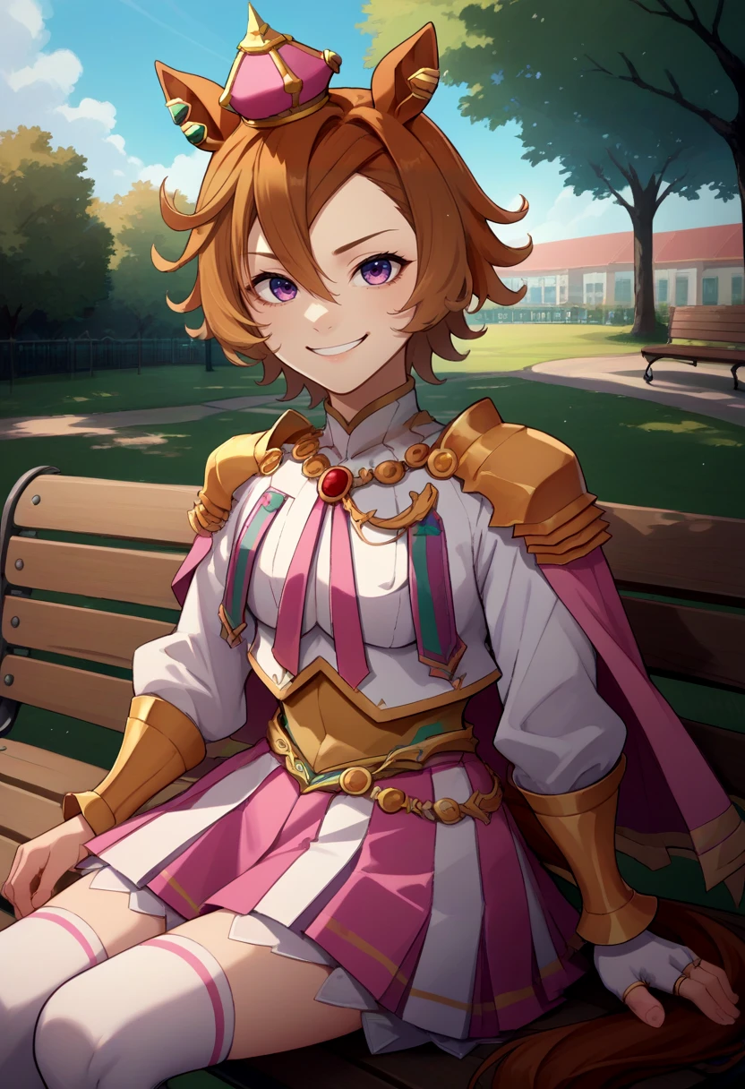 score_9, score_8_up, score_7_up, source_anime, solo, 1girl, tmoperao, smile, looking at viewer, sitting, park bench, mini crown, horse ears, white shirt, long sleeves, shoulder armor, pink cape, white gloves, single glove, fingerless gloves, two-tone skirt, pink skirt, white skirt, white thighhighs, ear piercing, multiple rings, horse tail, outdoors <lora:umamusume_tmoperao_ponyXL:1>