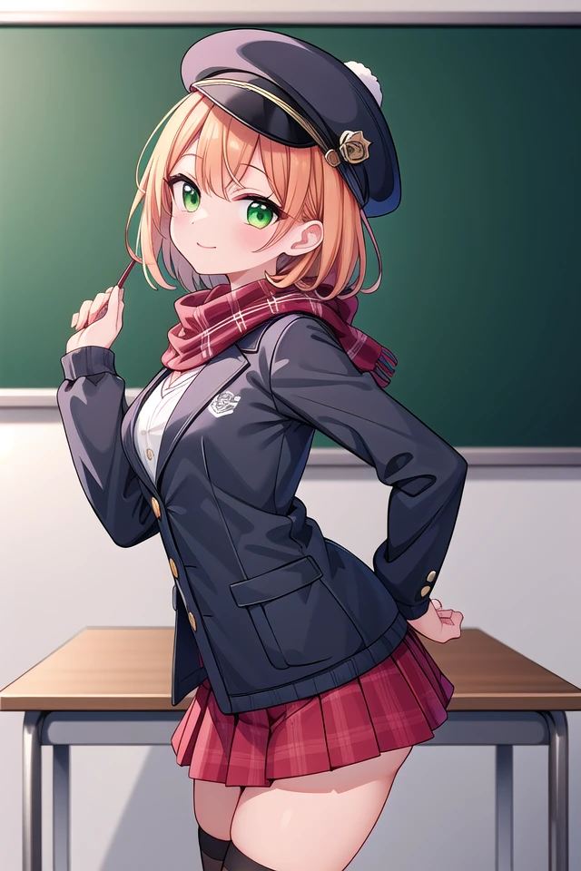 insanely detailed, absurdres, ultra-highres, ultra-detailed, best quality,
1girl, solo, nice hands, perfect hands
BREAK
white boots, (pele hat:1.2), thermal layers, (red Plaid skirt:1.1), sweater, garter ring
BREAK
scarf, black coat with golden embroidery, coat with open front button, (black knee-high socks:1.3)
, (nsfw:-1.5)
BREAK
happy smile, laugh, closed mouth
BREAK
from side,
standing, cowboy shot, looking at viewer
BREAK
slender, kawaii, perfect symmetrical face, ultra cute girl, ultra cute face, ultra detailed eyes, ultra detailed hair, ultra cute, ultra beautiful
BREAK
in classroom, school desk, school chair, chalkboard, depth of field, ultra detailed background
BREAK
medium breasts
BREAK
orange hair, green eyes, medium hair,