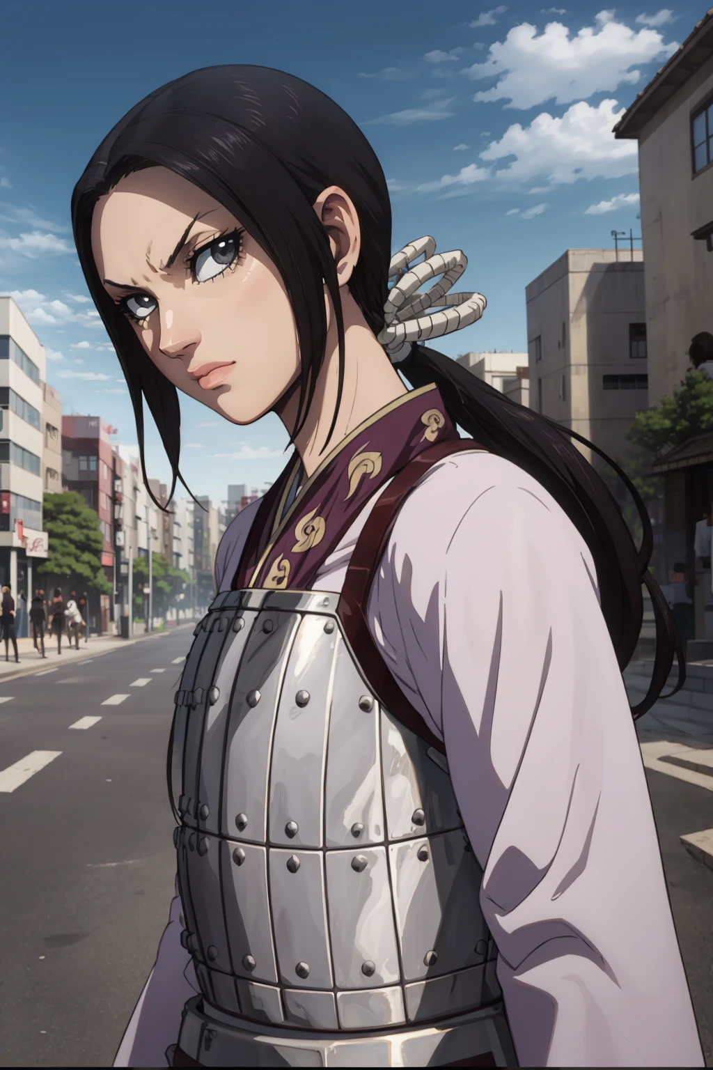masterpiece, best quality,
1girl, kaine, black hair, low ponytail, black eyes, long sleeves, armor,
looking at viewer, upper body, solo, building, blue sky, cloud, tokyo street background <lora:Kaine:1>