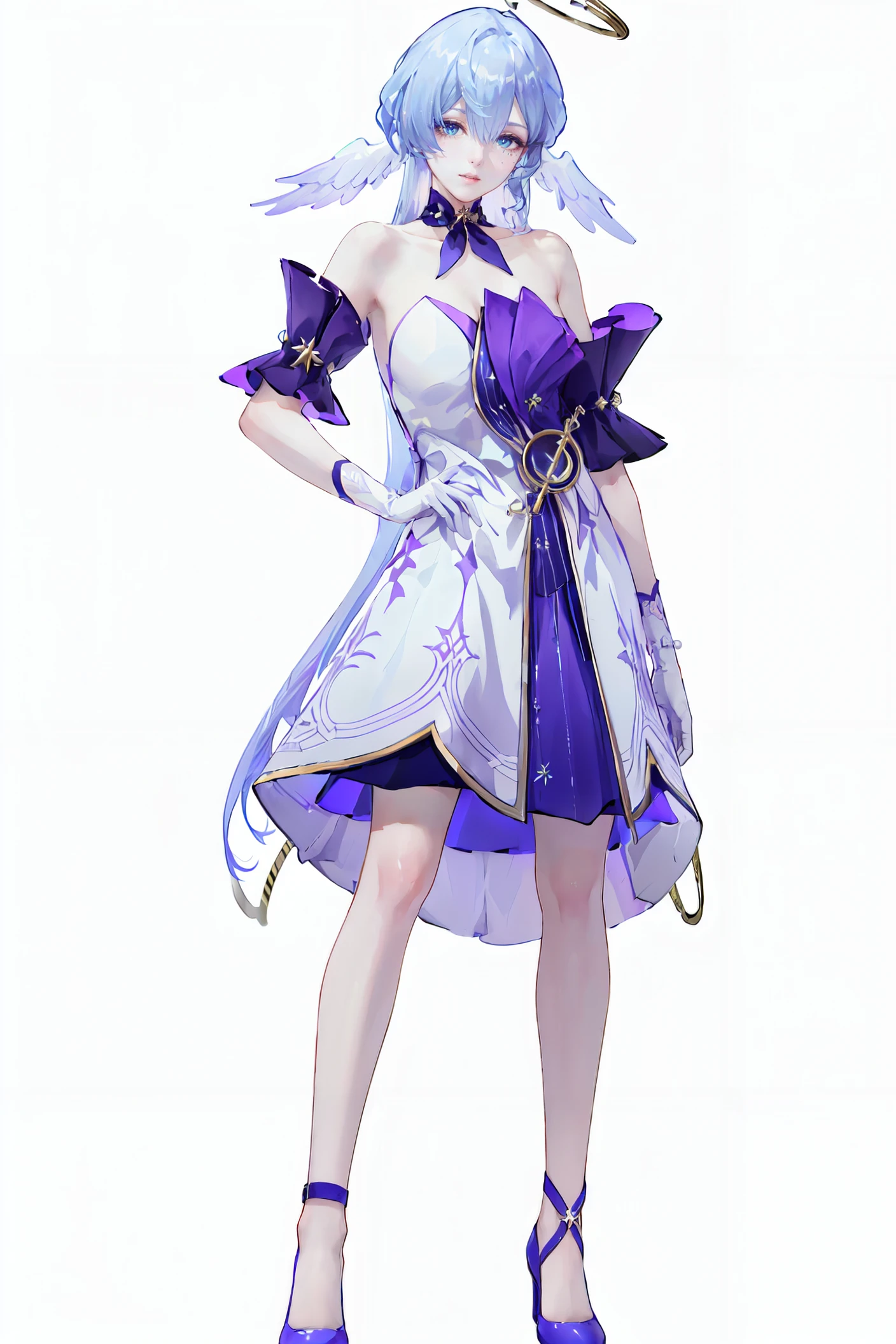 8k,best quality,masterpiece,(ultra-detailed:1.1),(high detailed skin),
(full body:1.4),white background,standing,looking at viewer,(solo),hand on hip,
<lora:zgn-v100:0.8:lbw=OUTALL>,lzgn,1girl,long hair,halo,blue eyes,gloves,bangs,white dress,bare shoulders,blue hair,blue footwear,
(white background, simple background:1.6),
(beautiful_face),((intricate_detail)),clear face,
((finely_detailed)),fine_fabric_emphasis,
((glossy)),full_shot,