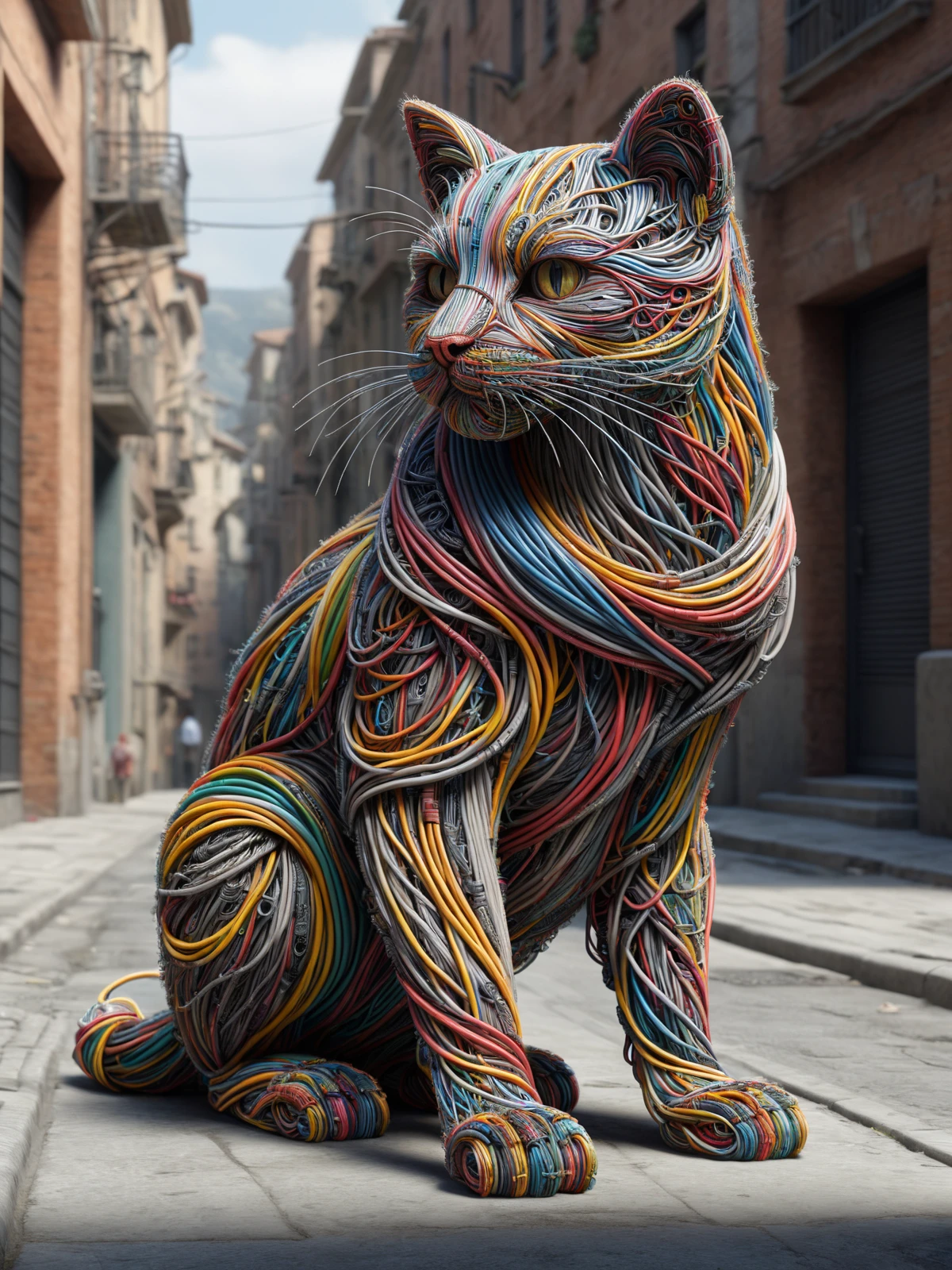 cat made of mad-cable , street, <lora:Cables_SDXL:0.7>, (masterpiece:1.2), best quality, (hyperdetailed, highest detailed:1.2), high resolution textures