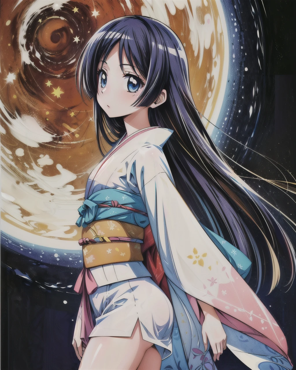 (best quality, masterpiece, perfect eyes, highly detailed, ultra high res:1.2),
<lora:SaginomiyaIsumi:0.8>, 1girl, solo, SaginomiyaIsumi, cowboy shot,from side, looking at viewer, (colored image),night,starry sky,legs
<lora:add_detail:0.6>
