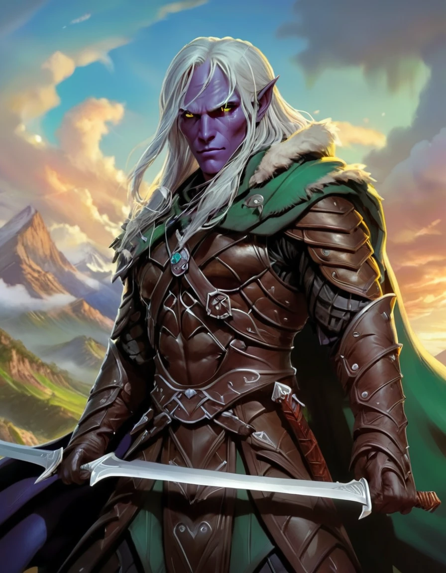 (anime stile drawing of drizzt_dnd), watching viewer, action shot, very vivid lighting, detailed, (vibrant, photo realistic, realistic, dramatic, sharp focus)