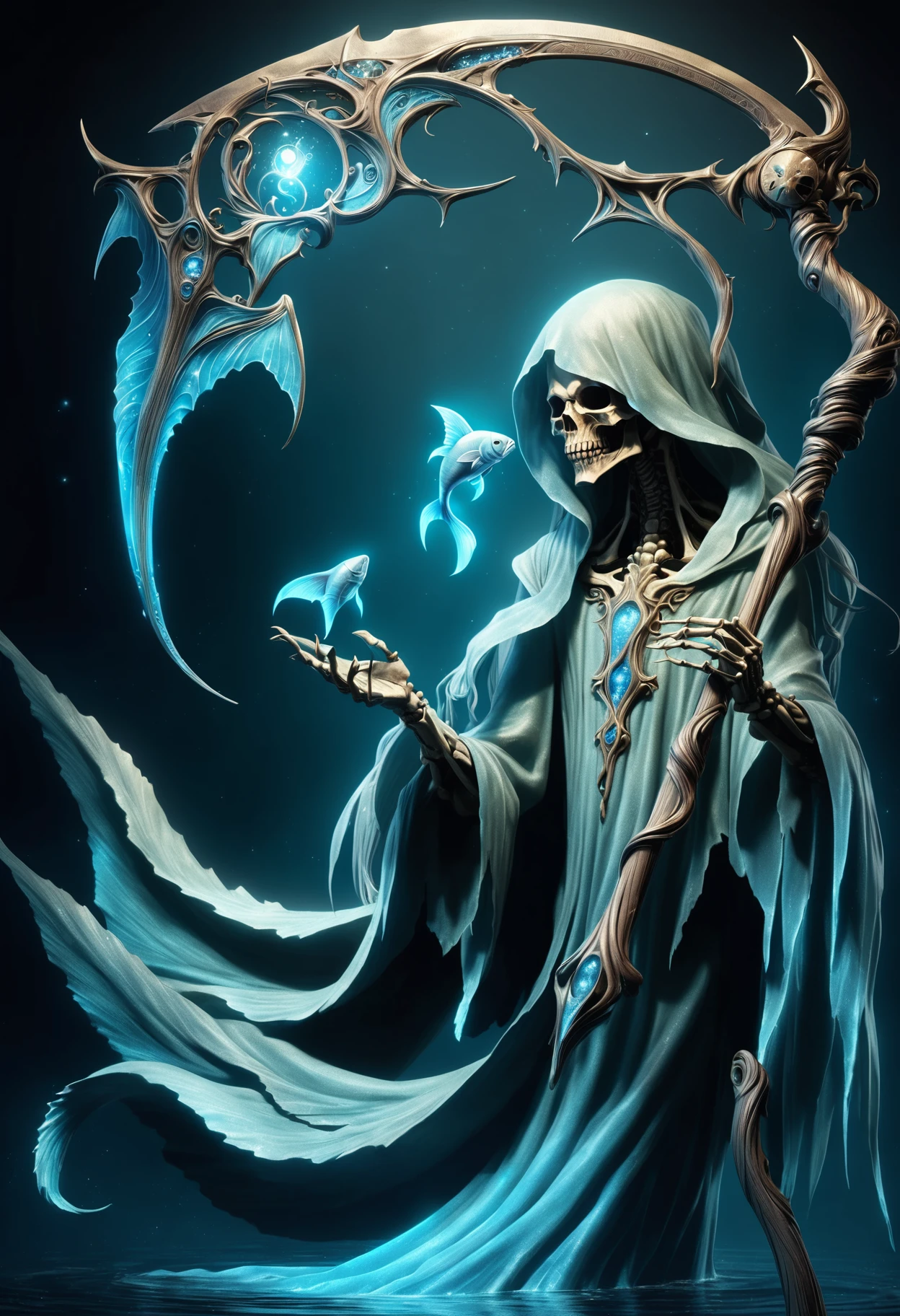 lich, humanoid upper body,fish tail, long flowing hair, enchanting alluring appearance, aquatic beauty, aquatic hues, singing and enchanting melodic voices, varied, benevolent, classic,hot,kindle,starry,ambivalent holding a DonM5cy7h3XL scythe, single blade <lora:DonM5cy7h3XL-v1.1-000006:0.8>